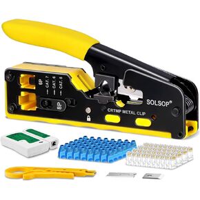 Solsop Pass Through RJ45 Crimp Tool Kit الكل في واحد إيثرنت المكشكش Cat7 Cat6 Cat5 أداة العقص مع اختبار كابل الشبكة، 50 حزمة Cat6 RJ45 تمر من خلال الموصل، 50 حزمة موصل الأحذية
