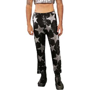 WDIRARA Men's Stars Graphic Printed Sparkle Sequins Elastic High Waisted Party Pants