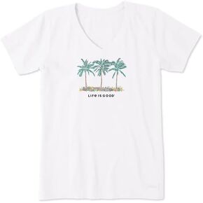 Life is Good Women's Cool Palm Flowers Short Sleeve Crusher Vee (Small, Cloud White)
