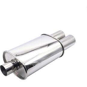 Vechkom Exhaust Muffler Y Pipe 2.5" (63MM) Single Inlet/ 3" (73MM) Dual Outlet Silver Stainless Steel Car Silencer 11.8 Inch (300MM) Oval Body Length Exhaust Back Box Twin Tips Welded Turbo Muffler