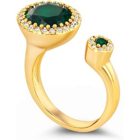 Green Emerald CZ Diamond Adjustable Unique Statement Open Ring for Women, Summer Beach Handmade Double Gemstone Stackable Wedding Date Birthday Gift, Statement Stone Irregular Trendy Ribbed Jewelry, Textured Patterned Fashion Accessories, Vintage Hammered