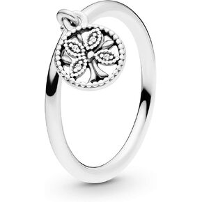PANDORA Dangling Family Tree Ring - Sterling Silver Ring for Women - Layering or Stackable Ring - Intricately Hand-Finished Ring - Sterling Silver with Clear Cubic Zirconia - Size 4.5, With Gift Box