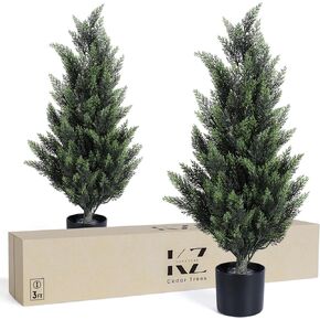 Artificial Cedar Topiary Trees for Outdoors Potted Fake Cypress Trees Faux Evergreen Plants for Home Porch Decor Set of 2 (3 Ft)
