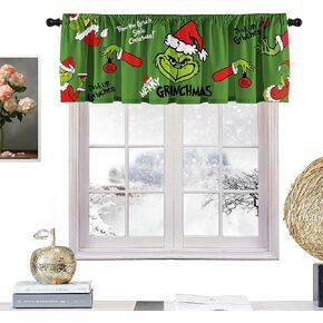 Christmas Holiday Kitchen Curtain Valances Green Xmas Window Valances with Rod Pocket - Short Curtains for Bathroom and Laundry Decoration - 52x18 inch