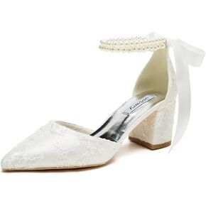 Low Block Heel Wedding Shoes for Bride Pointed Toe Pearl Wedding Heels Bridal Shoes