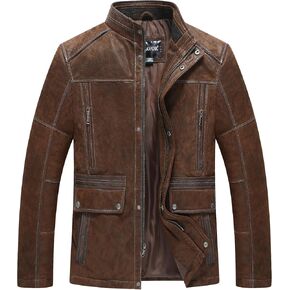 FLAVOR Men Leather Vintage Jacket Warm Winter Coat with Stand Collar