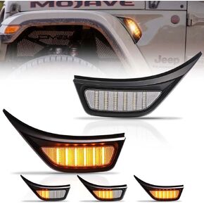 Sequential Front Fender LED Side Marker Lights for Je-ep 2018-2023 Wrangler JL JLU & 2020-2023 Gladiator JT, Smoked Lens Amber Blinker Turn Signal Lights & White Day Running Lamps, 2 PCS