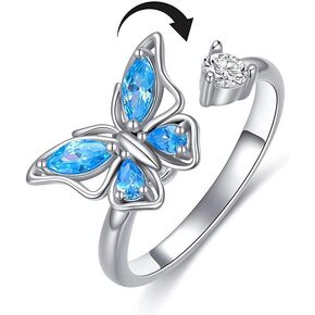 Blue Cubic Zirconia Butterfly Spinner Fidget Statement Rings for Women for Anxiety Rotate Freely Inspirations Jewelry Calming Worry Meditation Crochet Loop Expandable Adjustable Stacking Middle Finger Ring Daughter Dainty Birthday BFF Lover