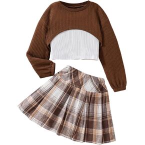 OYOANGLE Girl's 3 Piece Outfit Tank Top and Plaid Pleated Skirt with High Low Hem Crop Shirt Set