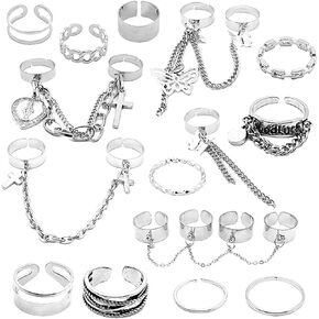 Gothic Punk Chain Finger Rings Set, 17PCS Adjustable Stackable Vintage Silver Rings for Women Men,Happy Cross Butterfly Knuckle Rings (Silver)
