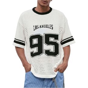 Verdusa Men's Letter Print Striped Sweater Top Short Sleeve Hollow Out Knit Pullovers