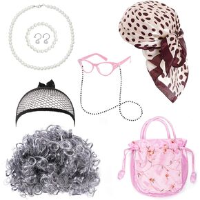 مجموعة أزياء السيدة العجوز مكونة من 9 قطع، نظارات شعر مستعار وإكسسوارات مجوهرات اللؤلؤ وحقيبة يد وأغطية شعر مستعار لحفلات الهالوين التنكرية in Kuwait