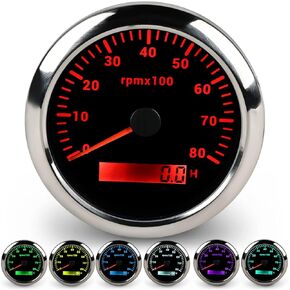 WATERWICH Boat Marine Car Tachometers 85mm 3.34in 0-8000 RPM Meter Kit 7 Colors for Auto Truck（Black & Sliver）