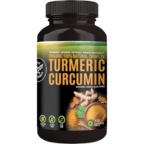 100% Raw and Organic Turmeric Curcumin Capsules. Certified Organic, Gluten-Free, Non-GMO, and Caffeine-Free. Enhanced with Garlic, Ginger and Black Pepper, 500mg, 120 Vegan Capsules