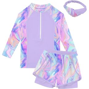 Idgreatim Girls Swimsuits 3 Piece Rashguard Set with Headband Long Sleeve UPF 50+ Bathing Suit with Zipper 5-12 Years