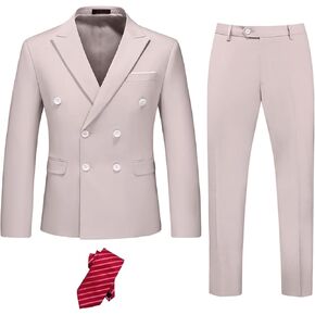 Men's Slim Fit 3-Piece Suit with Stretch Fabric, Double-Breasted Blazer Pants for Party, Business and Wedding