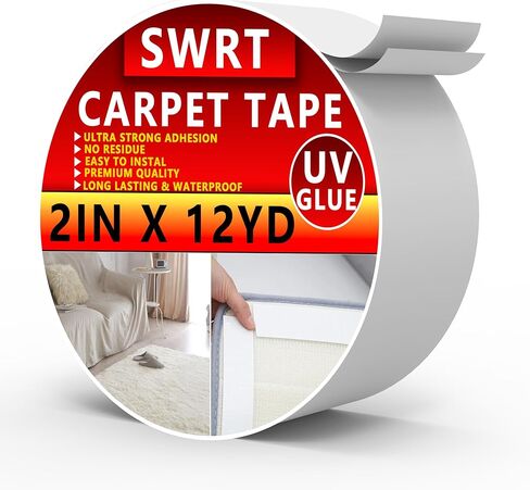 شريط سجاد SWRT بطول 2 بوصة / 12 ياردة مزدوج الجوانب، مقبض شريط سجاد للسجاد، غراء للأشعة فوق البنفسجية أكثر قوة ولا يترك بقايا شريط سجاد عالي التحمل لسجاد المنطقة والأرضيات الصلبة والبلاط والرخام والمزيد in Kuwait