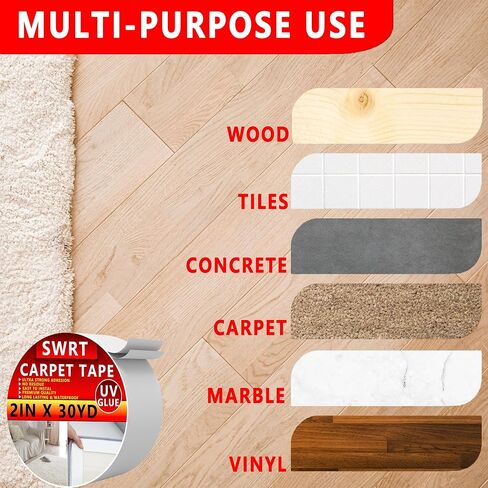 شريط سجاد SWRT بطول 2 بوصة / 12 ياردة مزدوج الجوانب، مقبض شريط سجاد للسجاد، غراء للأشعة فوق البنفسجية أكثر قوة ولا يترك بقايا شريط سجاد عالي التحمل لسجاد المنطقة والأرضيات الصلبة والبلاط والرخام والمزيد in Kuwait