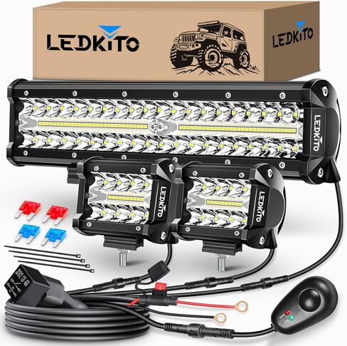 12 Inch LED Light Bar and 2PCS 4 Inch LED Pods with Rocker Switch 16AWG 3 Lead Wiring Harness Kit Off Road Light Bar Spot Flood Combo Triple Row Light Bar for Je-ep UTV Truck Tractor in Kuwait