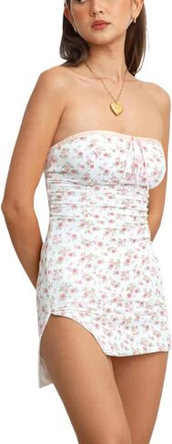 Fanvereka Summer Sexy Floral Tube Dress Y2K Strapless Bodycon Mini Dress Short Bandeau Dress for Teen Girl Shoping Beach Club in Saudi Arabia