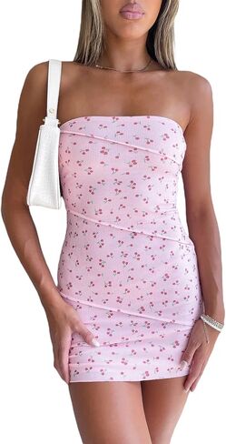 Fanvereka Summer Sexy Floral Tube Dress Y2K Strapless Bodycon Mini Dress Short Bandeau Dress for Teen Girl Shoping Beach Club in Saudi Arabia
