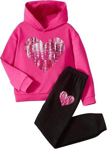 Milumia Girl's 2 Piece Outfit Sequin Heart Print Hooded Sweatshirt Jogger Pants Set in Saudi Arabia