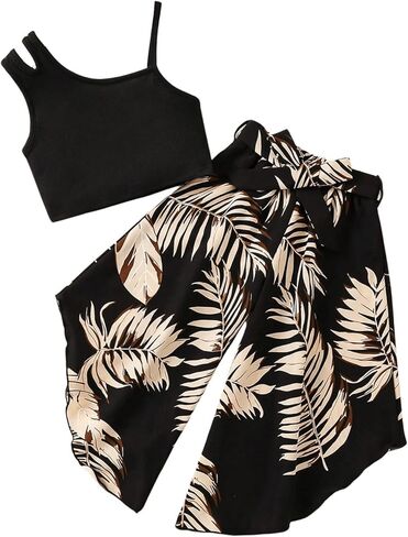 WDIRARA Girl's 2 Piece Outfits Asymmetrical Neck Sleeveless Tank Top and Belted Tropical Print Belted Pants Set in Saudi Arabia