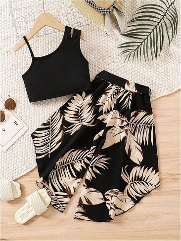 WDIRARA Girl's 2 Piece Outfits Asymmetrical Neck Sleeveless Tank Top and Belted Tropical Print Belted Pants Set in Saudi Arabia