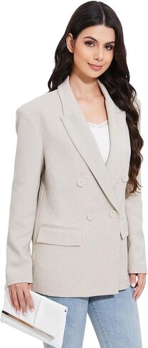 Women's Oversized Houndstooth Blazer - Double-Breasted Plaid Suit Jacket with Pockets Business Blazer Work Outfits in Saudi Arabia