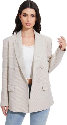 Women's Oversized Houndstooth Blazer - Double-Breasted Plaid Suit Jacket with Pockets Business Blazer Work Outfits in Saudi Arabia