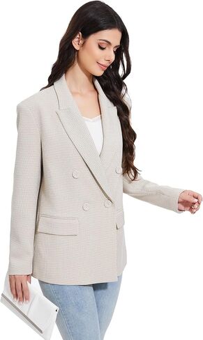 Women's Oversized Houndstooth Blazer - Double-Breasted Plaid Suit Jacket with Pockets Business Blazer Work Outfits in Saudi Arabia