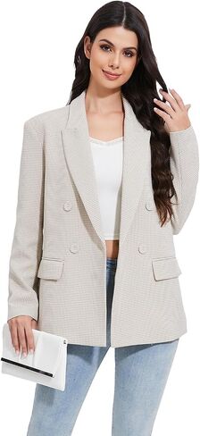 Women's Oversized Houndstooth Blazer - Double-Breasted Plaid Suit Jacket with Pockets Business Blazer Work Outfits in Saudi Arabia