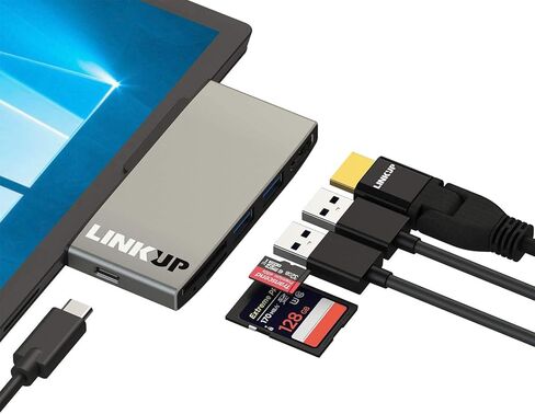 LINKUP - محور محول قارئ الذاكرة الصغيرة المتوافق مع Surface Pro (3/4/5/6) | محطة إرساء 6 في 1 | 2 × USB-A 3.0 SD/TF/MicroSD 5 جيجابت في الثانية | فتحة قاعدة صغيرة مفتوحة لقابس شحن الطاقة الأصلي in Kuwait