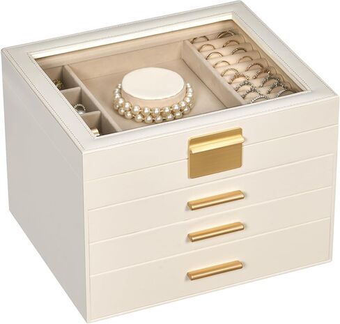 Jewelry Box for Women, Glass Lid Jewelry Organizer Box with 3 Drawers for Earrings Necklaces Rings Bracelets, Modern Style, Jewelry Storage, Birthday Christmas Gifts for Women, Cloud White in Saudi Arabia