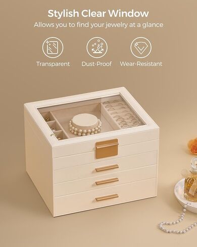 Jewelry Box for Women, Glass Lid Jewelry Organizer Box with 3 Drawers for Earrings Necklaces Rings Bracelets, Modern Style, Jewelry Storage, Birthday Christmas Gifts for Women, Cloud White in Saudi Arabia