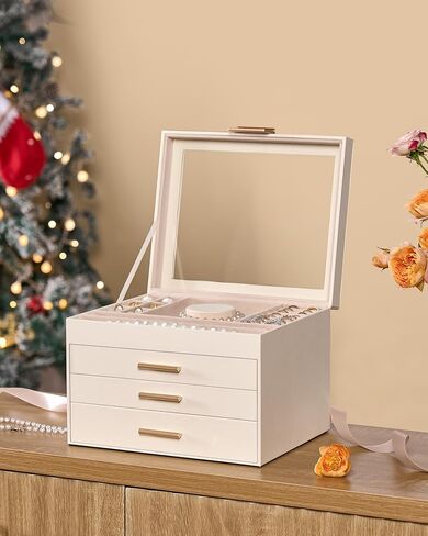 Jewelry Box for Women, Glass Lid Jewelry Organizer Box with 3 Drawers for Earrings Necklaces Rings Bracelets, Modern Style, Jewelry Storage, Birthday Christmas Gifts for Women, Cloud White in Saudi Arabia