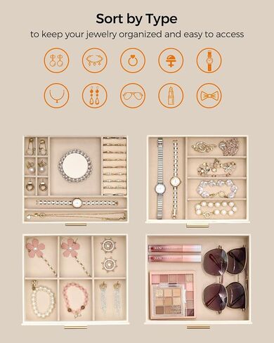 Jewelry Box for Women, Glass Lid Jewelry Organizer Box with 3 Drawers for Earrings Necklaces Rings Bracelets, Modern Style, Jewelry Storage, Birthday Christmas Gifts for Women, Cloud White in Saudi Arabia