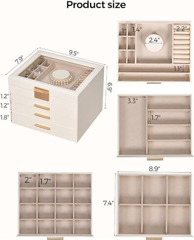 Jewelry Box for Women, Glass Lid Jewelry Organizer Box with 3 Drawers for Earrings Necklaces Rings Bracelets, Modern Style, Jewelry Storage, Birthday Christmas Gifts for Women, Cloud White in Saudi Arabia
