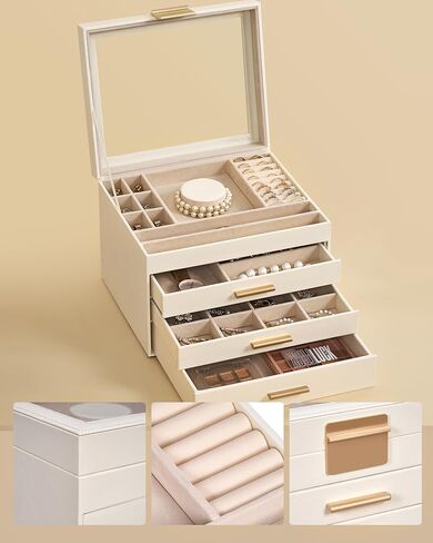Jewelry Box for Women, Glass Lid Jewelry Organizer Box with 3 Drawers for Earrings Necklaces Rings Bracelets, Modern Style, Jewelry Storage, Birthday Christmas Gifts for Women, Cloud White in Saudi Arabia