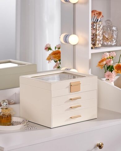 Jewelry Box for Women, Glass Lid Jewelry Organizer Box with 3 Drawers for Earrings Necklaces Rings Bracelets, Modern Style, Jewelry Storage, Birthday Christmas Gifts for Women, Cloud White in Saudi Arabia