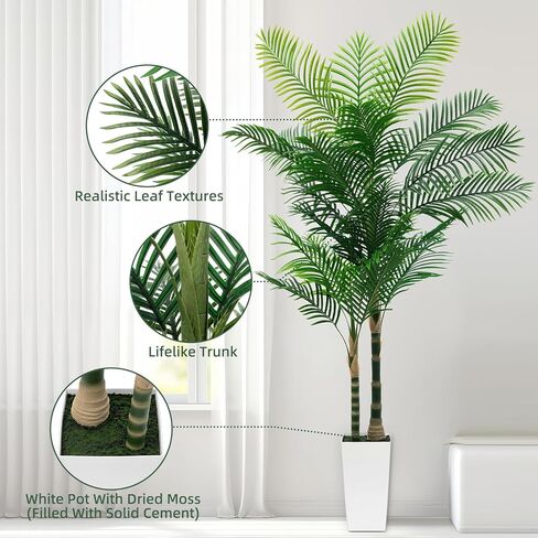 شجرة نخيل قصب ذهبية صناعية بطول 6 أقدام مع أضواء LED خرافية ومزارع أبيض طويل القامة - نبات نخيل استوائي صناعي نابض بالحياة مع جذع واقعي وأوراق نخيل لتزيين زاوية غرفة المعيشة والمكتب in Kuwait