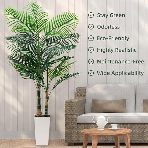 6ft Artificial Golden Cane Palm Tree with LED Fairy Lights & White Tall Planter - Lifelike Faux Tropical Palm Plant with Realistic Trunk and Palm Leaves for Home Office Living Room Corner Decor in Saudi Arabia