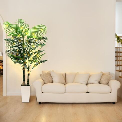 6ft Artificial Golden Cane Palm Tree with LED Fairy Lights & White Tall Planter - Lifelike Faux Tropical Palm Plant with Realistic Trunk and Palm Leaves for Home Office Living Room Corner Decor in Saudi Arabia