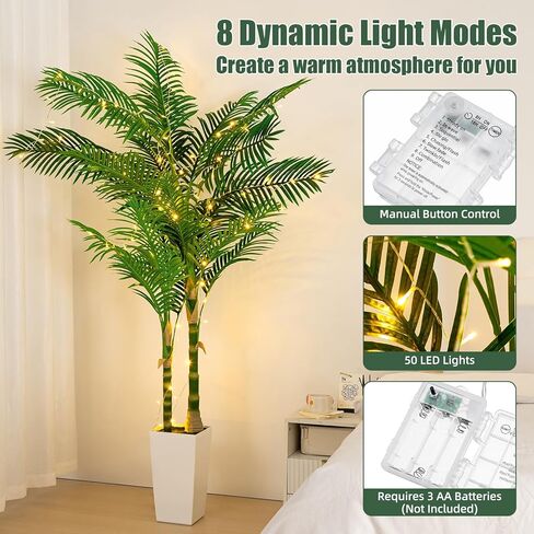 شجرة نخيل قصب ذهبية صناعية بطول 6 أقدام مع أضواء LED خرافية ومزارع أبيض طويل القامة - نبات نخيل استوائي صناعي نابض بالحياة مع جذع واقعي وأوراق نخيل لتزيين زاوية غرفة المعيشة والمكتب in Kuwait