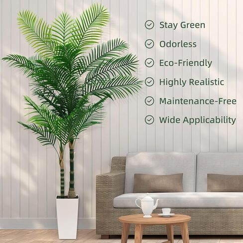 شجرة نخيل قصب ذهبية صناعية بطول 6 أقدام مع أضواء LED خرافية ومزارع أبيض طويل القامة - نبات نخيل استوائي صناعي نابض بالحياة مع جذع واقعي وأوراق نخيل لتزيين زاوية غرفة المعيشة والمكتب in Kuwait