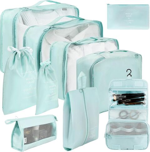 10 Set Packing Cubes, Packing Cubes for Travel Beige Suitcase Organizer with Toiletry Bag Travel Cubes for Packing Mesh Breathable Luggage Organizer Bags Travel Essentials for Women Travel Accessories in Saudi Arabia
