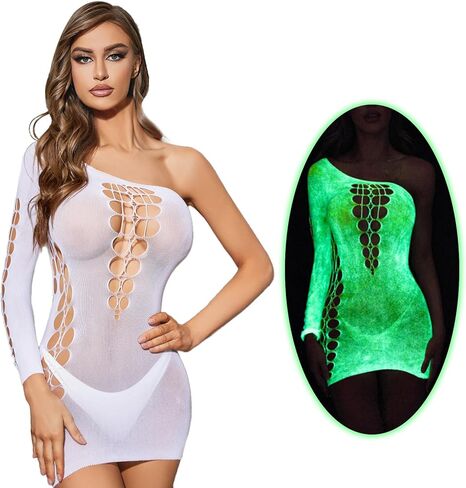 DTWAWA Glow in the Dark Sexy White Fishnet Stockings, Stylish Bodysuit Leggings for Womens Party in Saudi Arabia