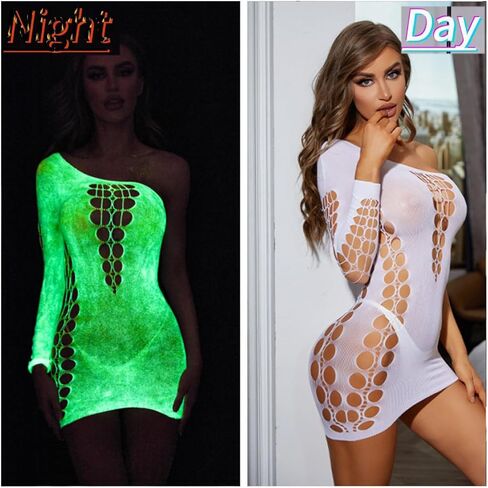 DTWAWA Glow in the Dark Sexy White Fishnet Stockings, Stylish Bodysuit Leggings for Womens Party in Saudi Arabia