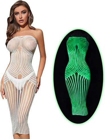 DTWAWA Glow in the Dark Sexy White Fishnet Stockings, Stylish Bodysuit Leggings for Womens Party in Saudi Arabia