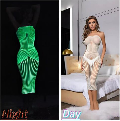 DTWAWA Glow in the Dark Sexy White Fishnet Stockings, Stylish Bodysuit Leggings for Womens Party in Saudi Arabia